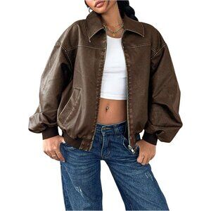 Women Brown Faux Leather Jacket Zip Up Oversized Motorcycle Outfits Winter Coats